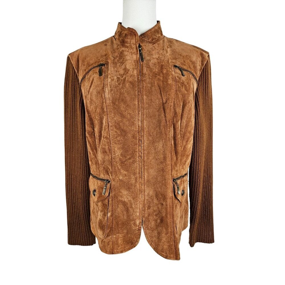 Live A Little Womens Vintage Jacket Size Large Brown Leather Suede‎ & Knit Y2K